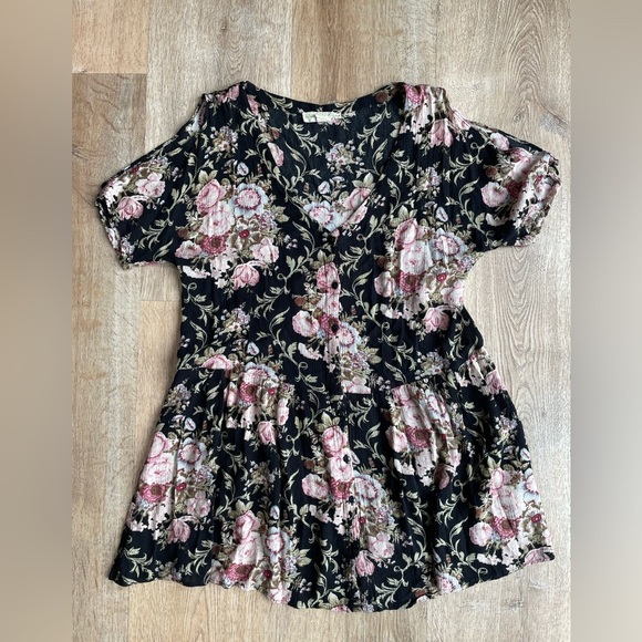Staring at Stars Black Pink Floral Babydoll dress M Boho Cottagecore Romantic - Picture 1 of 3